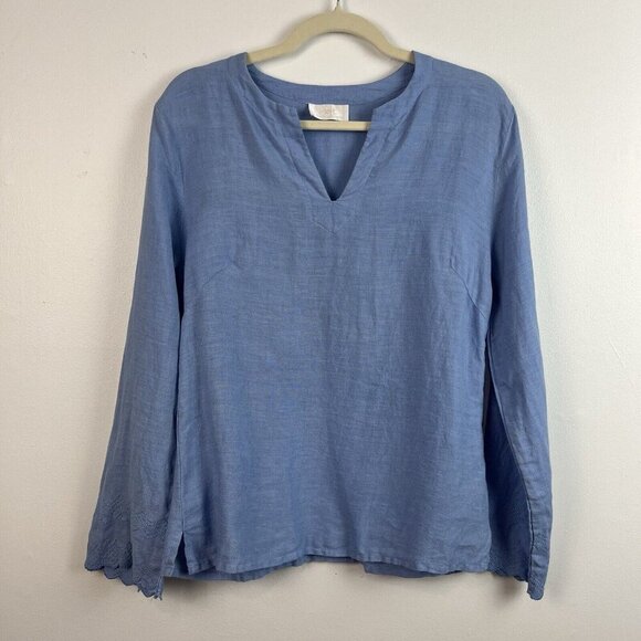 Soft Surroundings Tops - Soft Surroundings Linen Top M Blue‎ Embroidered Scalloped Coastal Beach
